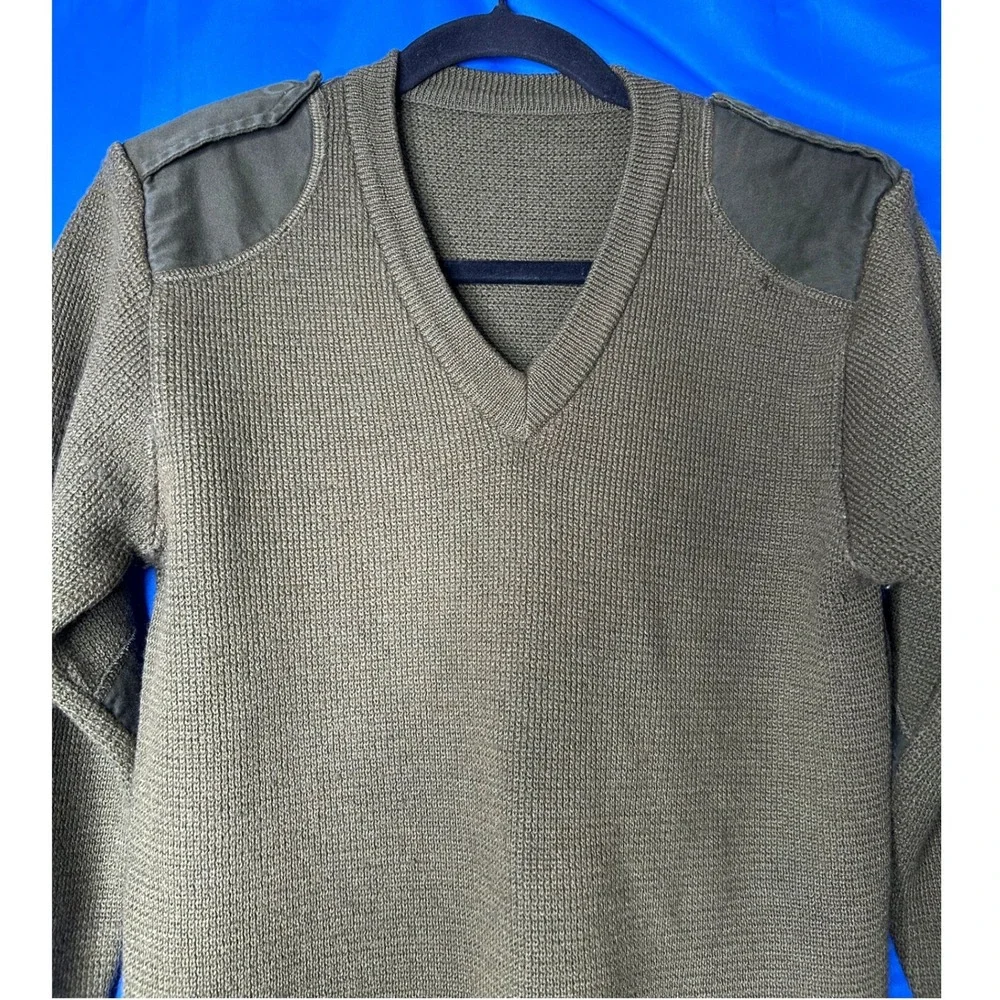 Mens Olive Military Ribbed Knit Commando Sweater Sz S Utility Epaulet Patch